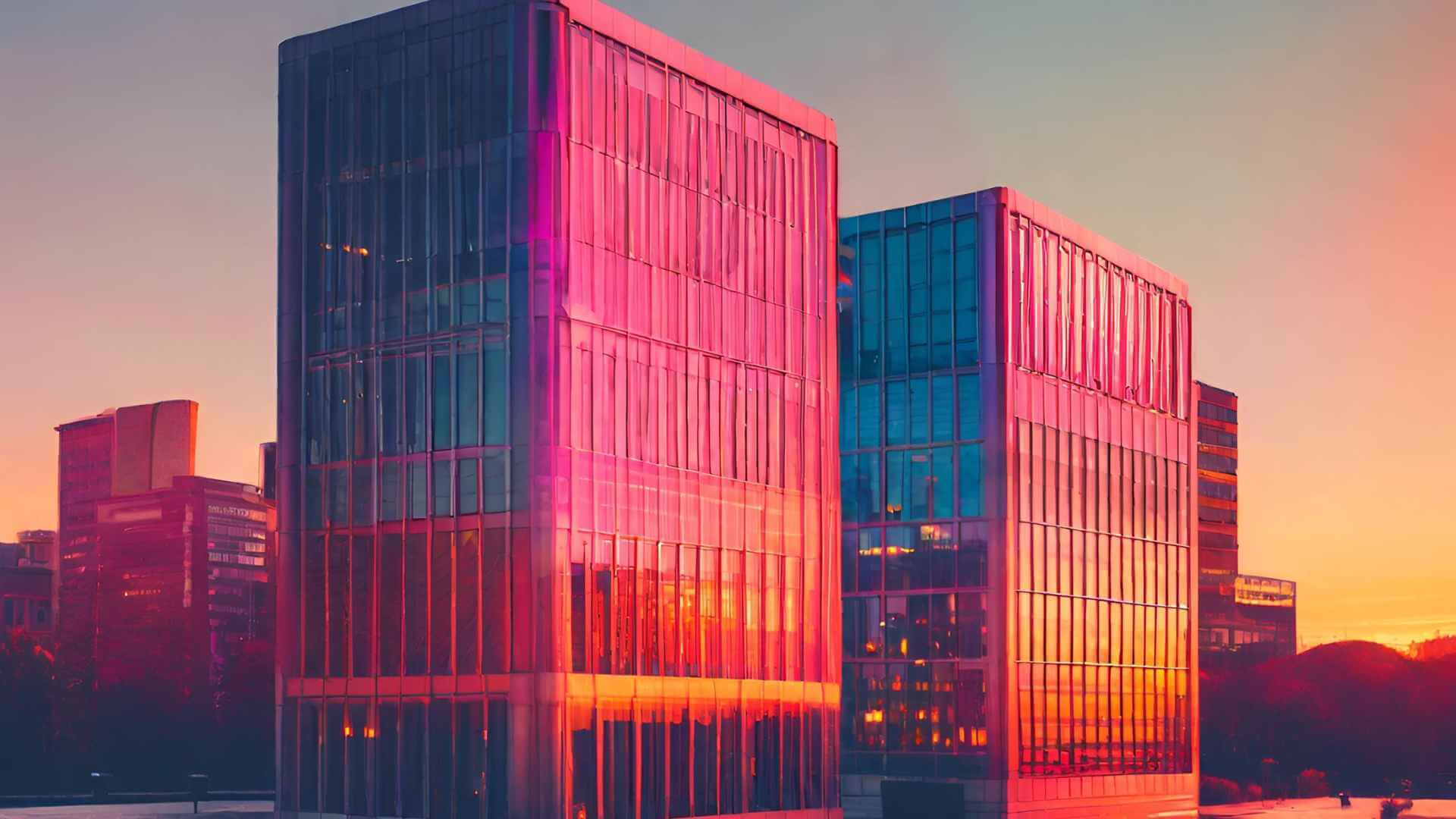 vibrant colored image of tall office buildings at sunset